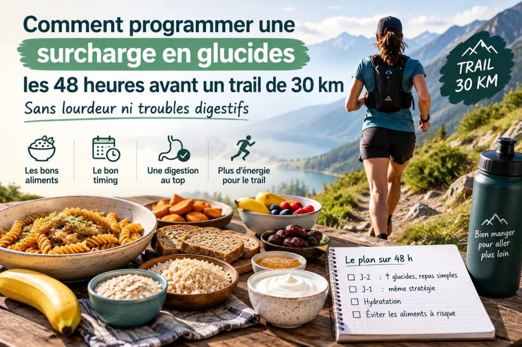 Comment programmer une surcharge en glucides les 48 heures avant un trail de 30 km sans lourdeur ni troubles digestifs