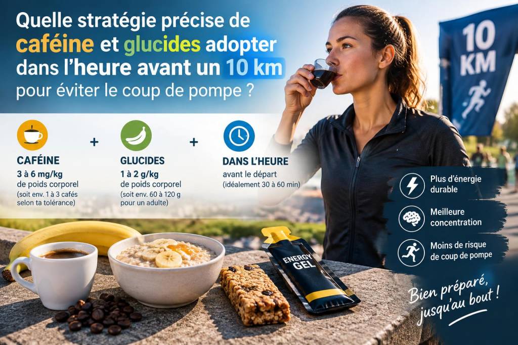 Quelle stratégie précise de caféine et glucides adopter dans l'heure avant un 10 km pour éviter le coup de pompe
